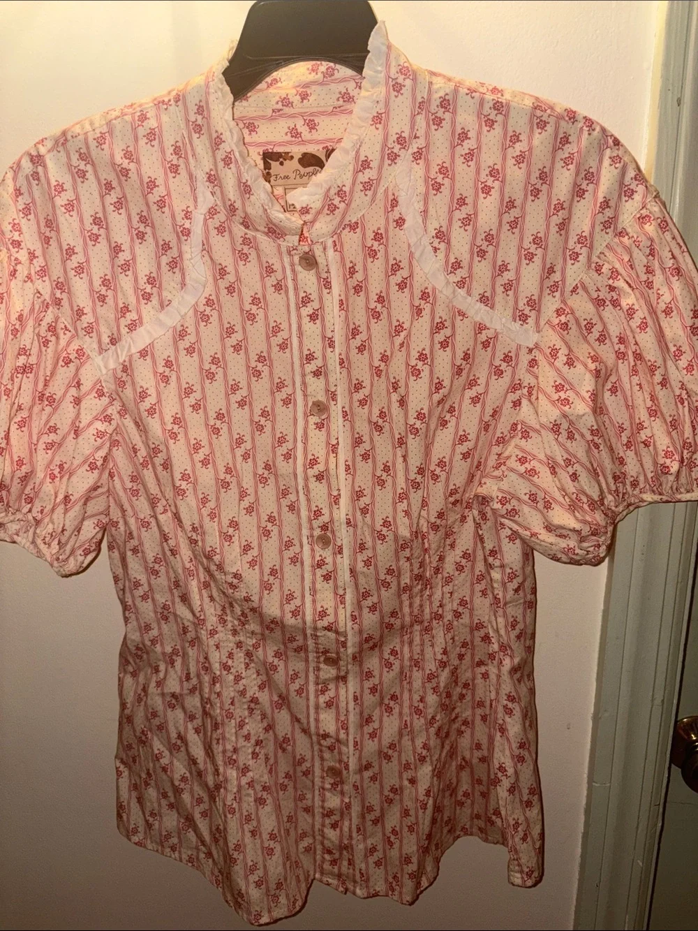 Free People Pink and Cream Floral Puff Sleeve Blouse